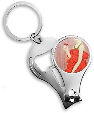 ชุดเดรสสีแดงความงามจีนภาพวาดเล็บแหวนพวงกุญแจลูกโซ่ขวดเปิด Clipper