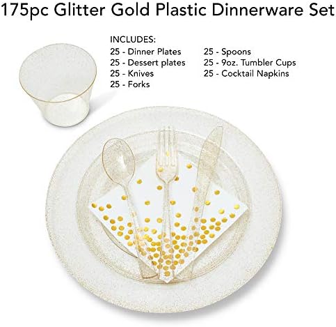 ชุดพลาสติกสีทองแวววาวชุด 175 ชิ้น - เครื่องครัวที่ใช้แล้วทิ้งจานอาหารเย็นและเครื่องใช้ในการจัดงานแต่งงานปาร์ตี้